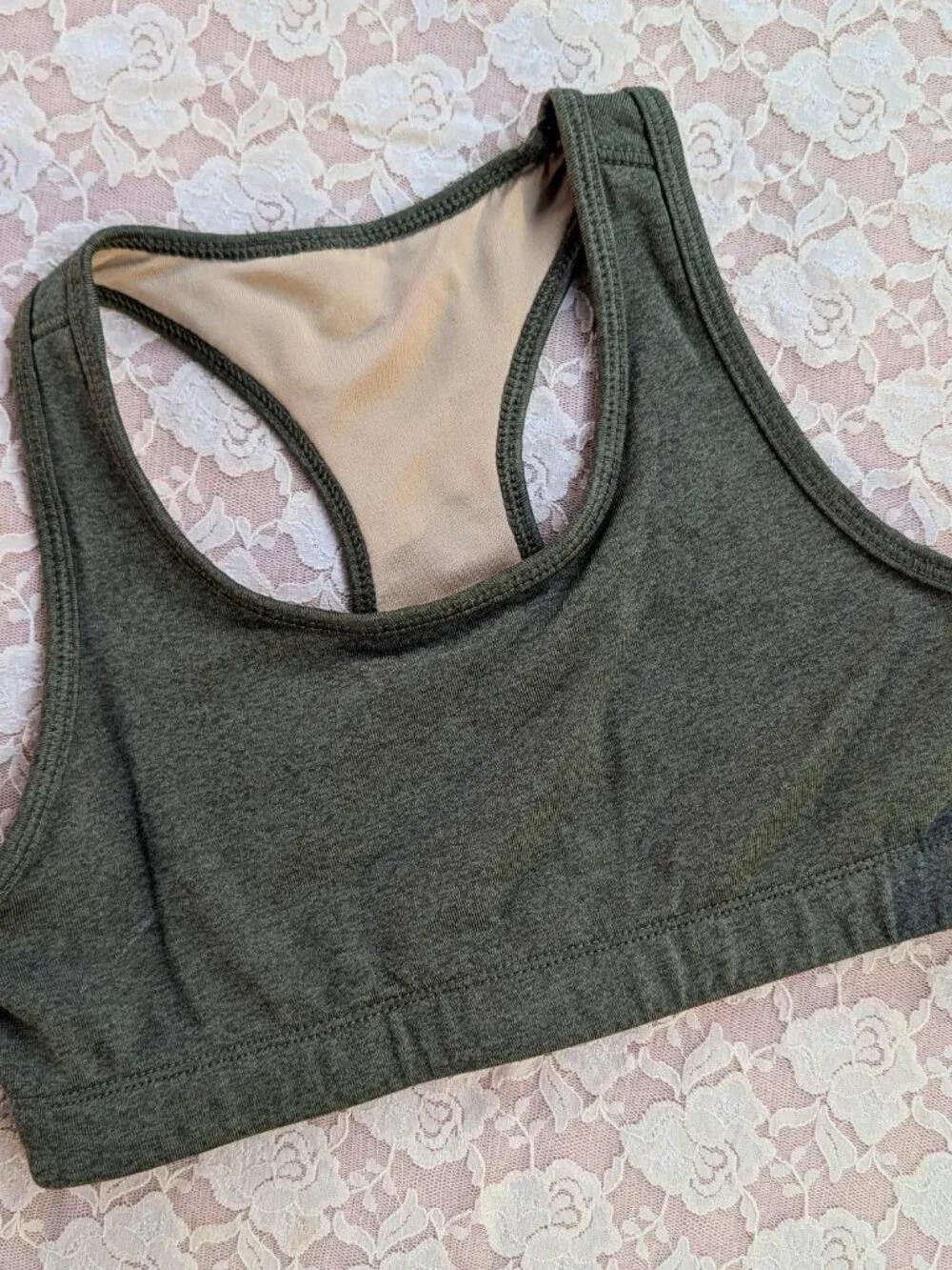 EUC Old Navy olive green racerback Powerpress go-dry sports bra youth M 8